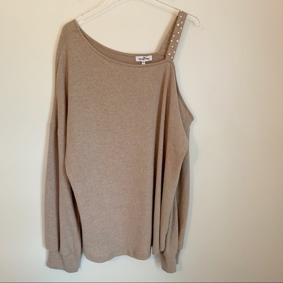 Perfectly Priscilla SHES PERFECT Taupe Knit Pearl Open Shoulder Sweater Plus 1XL - Picture 2 of 8